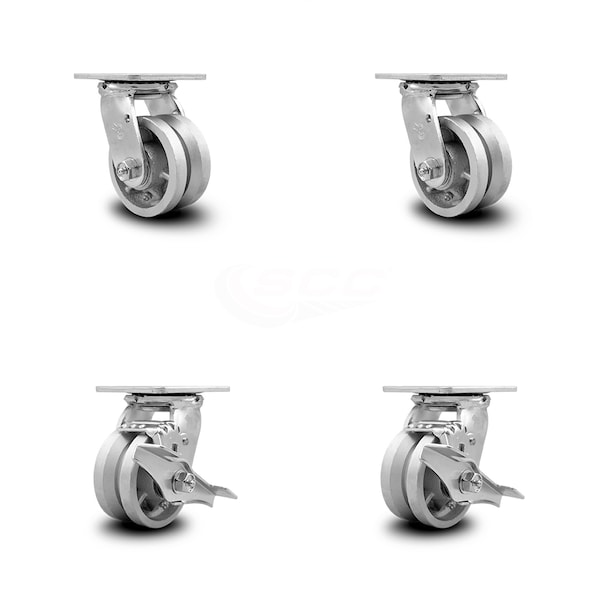4 Inch V Groove Semi Steel Swivel Caster Set with Ball Bearings 2 Brakes SCC